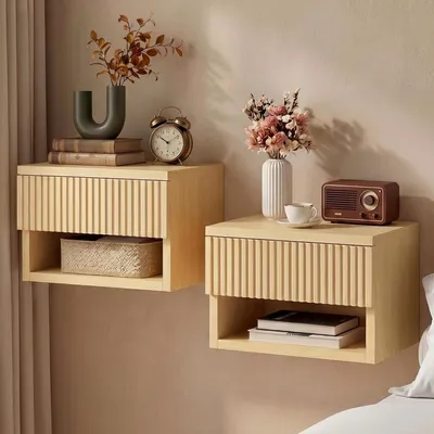 Immagine prodotto di Tavolino da notte sospeso, set da 2, con cassetto e ripiano aperto, colore naturale, dimensioni 40x30x22 cm
