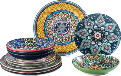 Produktbild von Farbenfrohes 12-teiliges Servietten-Set für 4 Personen - Porzellan Bohemian Tafelservice