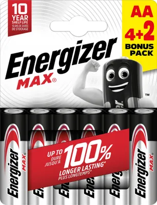 Produktbild von Energizer Max AA Alkalibatterien 6 Stück (4+2) E303328500