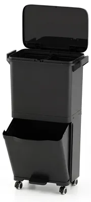 Image de Poubelle COSTWAY 36 L, poubelle à 2 compartiments, avec compartiment basculant et autocollants de tri des déchets, poubelle, noir