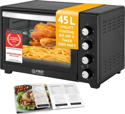 Produktbild von TZS First Austria Minibackofen 45L, Umluft, Premium-X Coating (Antihaftbeschichtung), Auftauen&Warmhalten, Rezeptheft, Backofen, Pizzaofen, Grill