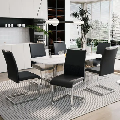 Produktbild von Flieks Esszimmerstühle 6er Set Polsterstuhl Freischwinger Bürostuhl mit Rücklehne, Küchenstuhl Schwingerstuhl mit Kunstlederbezug, Schwarz