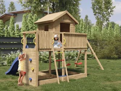 Produktbild von Fungoo Grün Braun Spielturm Galaxy L inklusive Doppelschaukel, Kletterwand, Leiter, Podest, Kesseldruckimprägniert Kiefer Holz Garten Spielgerät