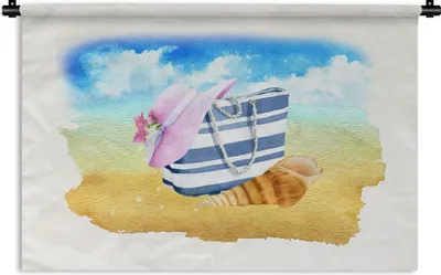 Produktbild von MuchoWow® Wandteppich Wandbehang Tasche - Hut - Muschel - Strand 90x60 cm Tapisserie Dekoration Wandtuch - Wandskulpturen - Bildteppich