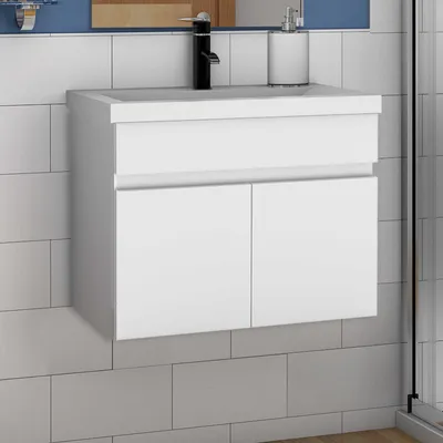 Produktbild von Waschtisch mit Unterschrank 60cm BERGEN Badmöbel Set Weiß Dick Keramik Waschbecken mit Unterschrank MDF Softclose
