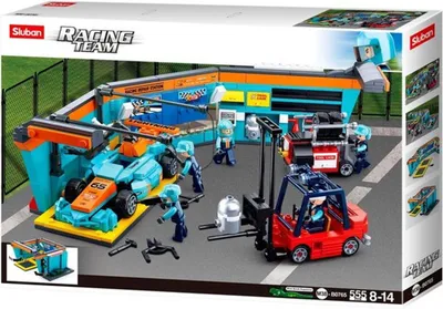 Produktbild von Sluban Konstruktionsspielzeug Wartungsstation M38-B0765, Kunststoff, aufklappbar, für Rennabenteuer, 555 Teile, 5 Minifiguren, Bausteine kompatibel, ab 6 Jahren