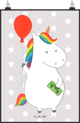 Produktbild von Mr. & Mrs. Panda Bild Einhorn Luftballon DIN A2 - Grau Pastell - Geschenk, Unicorn, drucke, Einhörner, wanddeko, Deko, Geld, Wandbild, Freundin, Wanddekoration