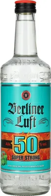 A clear, well-lit studio shot of a bottle of Berliner Luft Super Strong 50% vol. liquor against a white background.