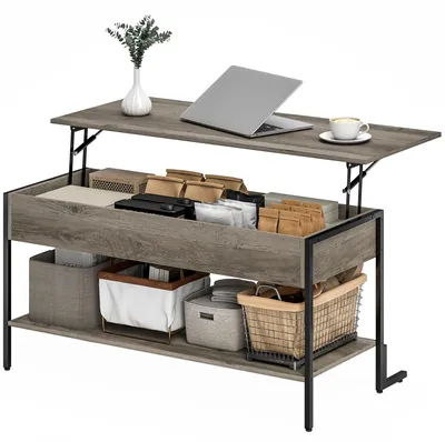 Produktbild von Couchtisch mit Hubfunktion, Wohnzimmertisch mit verstecktem Fach und offenem Regal, 95 x 40 x 59 cm, grau