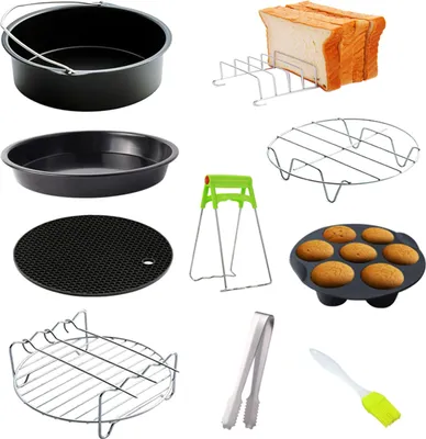 Zdjęcie produktu dla 10-częściowy zestaw akcesoriów do frytownicy powietrznej Stojak na patelnię Taca do pizzy Metalowy uchwyt na chleb Zestaw form do babeczek do frytownicy powietrznej 3.2QT-5.8QT