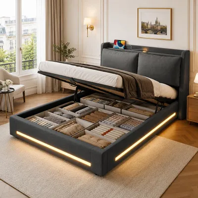 Produktbild von Polsterbett 160x200 cm Dunkelgrau Leinen-Optik mit Stauraum Hydraulisch Kopfteil USB-C LED Bettgestell Geräuschlos Belastbar bis 300kg Ohne Matratze