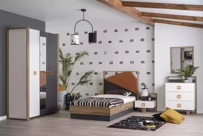 Produktbild von Schlafzimmer Garnitur Bett Kinderzimmer Set Designer Grau 5tlg Holz