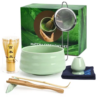 Matcha-Set, 8-teilig, Keramikschale 500 ml, Bambusbesen, Sieb