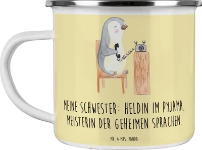Produktbild von Mr. & Mrs. Panda Pott Schwester Heldin - Gelb Pastell - Geschenk, Familiengeschenk, Geburtstage, Verwandte, einzigartige Designs, Geschwisterliebe, wandertasse, Haferl