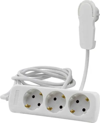A white power strip with three outlets and a white cord and plug.