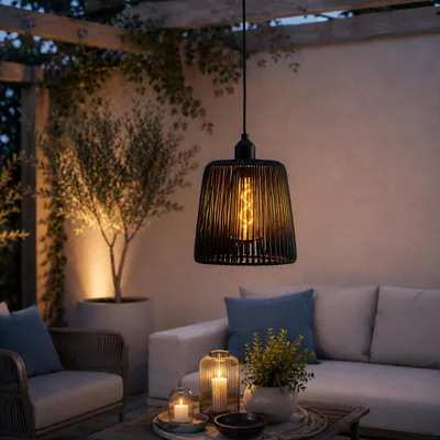 Produktbild von LED Hängeleuchte in Korboptik - Lampenschirm aus Kunststoffseil - D: 15cm - Batterie/Timer - outdoor
