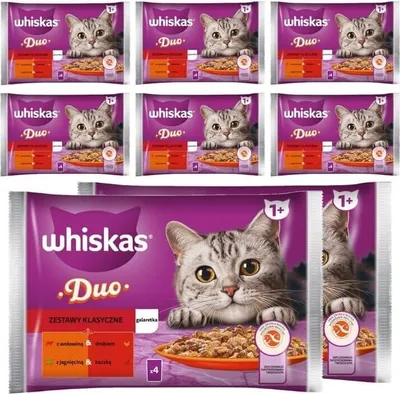 Produktbild von Whiskas Adult 1+ Nassfutter für Katzen Duo Classic Combos in Gelee mit Lamm und Ente, mit Rind und Geflügel 32 Portionsbeutel (8x4x85g)