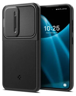 A black phone case with a camera cover is shown next to a smartphone displaying the time and date.