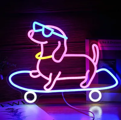 Produktbild von LED-Neonschild,Dackel Skateboard Hund,LED Neon Sign Acryl Wandleuchte, USB Partybeleuchtung,Gaming Wanddekoration,Pet Shop