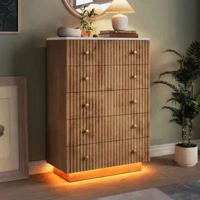 Produktbild von ProximaX Kommode 5 Schubladen Holzoptik mit RGB-LED, Kippsicherung & Stauraum