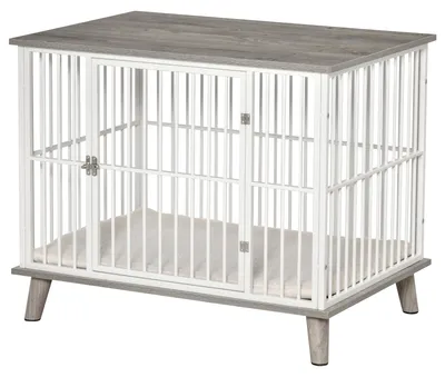 Produktbild von PawHut Hundekäfig aus Holz mit Kissen Hundebox in erhöhtem Design Weiß+Grau