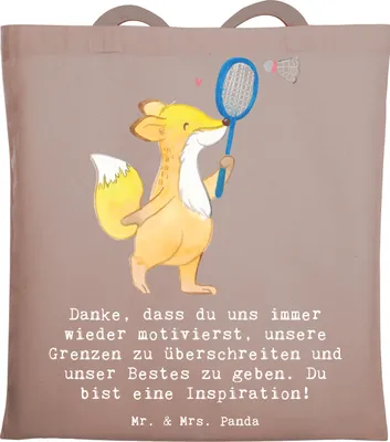 Produktbild von Mr. & Mrs. Panda Tote Bag Badminton Trainerin Inspiration - Braun Pastell - Geschenk, Shopping Tasche, Laptoptasche, Einkaufstasche, positive Energie, Sportart, Vorbild