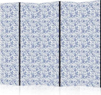 Produktbild von 5-teiliger Doppelseitiger Vlies Paravent - Illustration in Vintage Style - Blue Flowers on a White Background 225x172 cm Blumen b-B-10452-z-b