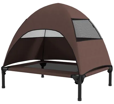 Image de Lit de chien surélevé avec protection solaire, transat pour chien d'extérieur avec toit, en Textiline et acier. Portable. Poids maximal : 20 kg. Dimensions : 76 x 61 x 71 cm