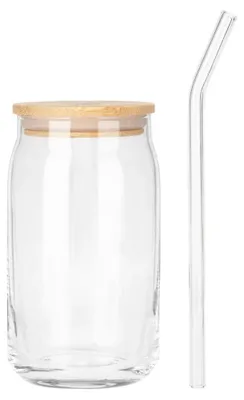 Image de Verres à boire avec couvercle et paille - Lot de 2 - 460 ml - Verre - Transparent