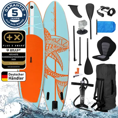 Produktbild von BRAST SUP Board Shark | Aufblasbares Stand up Paddle Set | 320x81x15cm | 8 Designs | inkl. Sonderzubehör | 2in1 Paddel Kajak-Sitz Action-Cam-Halterung Fußschlaufe Pumpe Rucksack | Hellblau Orange