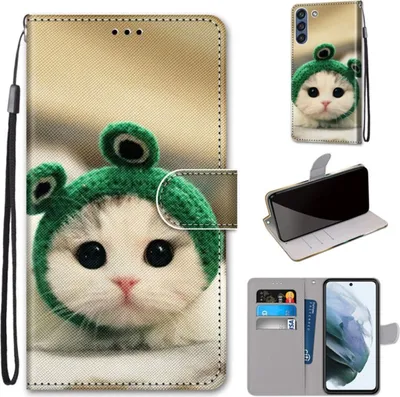 Produktbild von König Design Hülle kompatibel mit Samsung Galaxy S21 FE Kunstleder Handyhülle - Handy Case Froschkätzchen