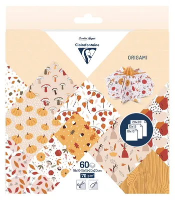 Produktbild von Clairefontaine 95379C - Packung Origami Papier mit 60 Blatt in 3 Formaten ( 10x10cm - 15x15cm - 20x20cm) 70g, Herbst, 1 Pack