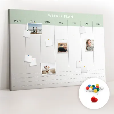 Imagen del producto de Tablero de corcho con chinchetas - Tablero con chinchetas para fotografías y notas - 140x100 cm - 100 chinchetas de colores - Planificador semanal