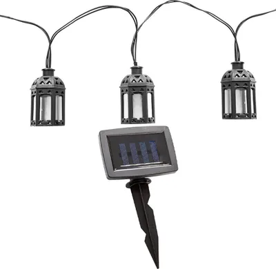 A string of solar-powered lantern-shaped lights with a solar panel stake.