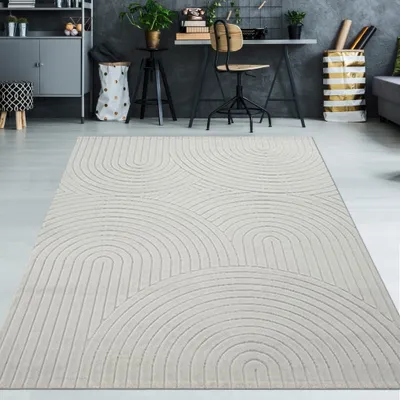 Image de Tapis de salon à poils bas et motifs de lignes semi-circulaires en gris Taille - 160 x 220 cm