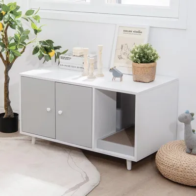 Produktbild von 2 in 1 Beistelltisch & Katzenschrank mit Kratzbrett Katzentoilette Kaffeetisch 90 x 50 x 50 cm Grau