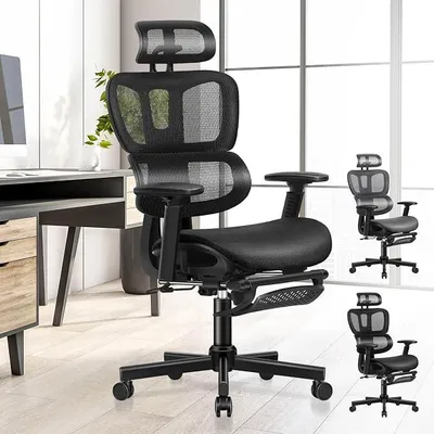 Produktbild von Bürostuhl Mesh Chefsessel Ergonomischer Schreibtischstuhl, verstellbare Kopfstütze Höhenverstellung, hoher Rückenlehne Netzstuhl Verstellbarer Armlehne,Besprechungsstuhl, bis 180 kg,Schwarz