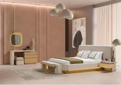 Produktbild von Schlafzimmer Set Bett Nachttisch Frisiertisch Spiegel Bank Beige Edel