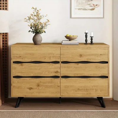Image de Meuble de rangement - Buffet - Armoire - Commode - Meuble - Couleur naturelle - 6 tiroirs - Pieds en métal
