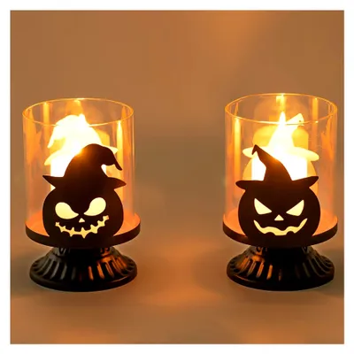 Produktbild von Halloween Kerzenhalter Kürbis Deko Tischdeko Kerzenständer Outdoor Windlicht Schwarz Herbstdeko Teelichthalter für Party
