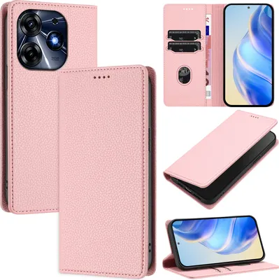 Produktbild von Litchi Leder Handyhülle für Tecno Spark 10 Pro 4G Wallet Kartenfächer Standfunktion Hülle Pink