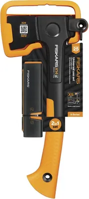 A Fiskars universal axe set is displayed in its retail packaging.