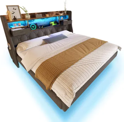 Produktbild von okwish Polsterbett  140×200 mit Ladestation und LED Beleuchtung,Jugendbett mit Stauraum-Kopfteil, Einzelbett in Grau, ohne Matratze