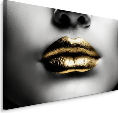 Produktbild von CANVAS Leinwandbild Goldene LIPPEN Mund Frau Gesicht Abstraktion 3D Effekt Wanddekoration für Büro Br. 100 cm x Hö. 70 cm