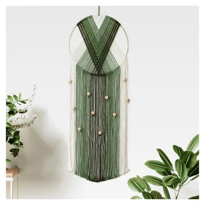 Produktbild von Makramee Wandbehang in Grün und Beige mit Traumfänger und Quasten - Handgewebter Wandteppich für Boho Deko