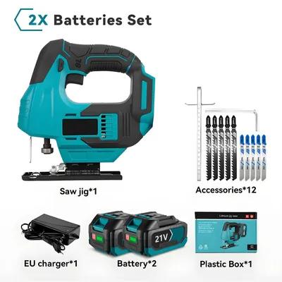 Produktbild von Akku-Stichsäge - Elektrosäge - 18V bürstenloser Motor - 19 mm Hub - Drehzahl regelbar - Laserführung & LED-Licht - Gehrungsschnitte - 2 Akkus