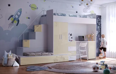 Produktbild von Etagenbett FELIX 5, Hochglanz Kinderbett, Hochbett, MIT Matratze und Lattenrost (Weiß + Beige, Glanz )