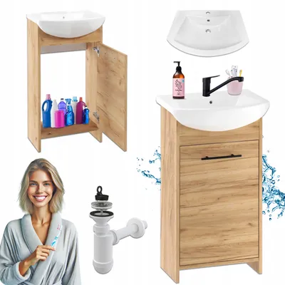 Zdjęcie produktu dla Szafka Łazienkowa Stojąca z Umywalką Dąb Złoty 45 cm Bateria Czarna Syfon