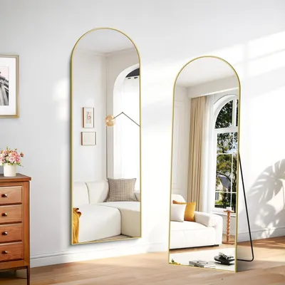 Image de Miroir de plein pied, 161 x 52 cm. Miroir sur pied incurvé avec cadre en aluminium doré, à fixer au mur, inclinable, miroir de sol