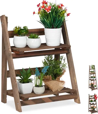 Obrázok produktu pre Relaxdays rebrík na kvety, 2 stupne, drevený rebrík na kvety, skladací, polica na rastliny, HBT: 51,5 x 41 x 24 cm, tmavo hnedá